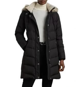 New ~ LAUREN RALPH LAUREN ~Faux Fur Trim Hooded Down Puffer Jacket Small Black